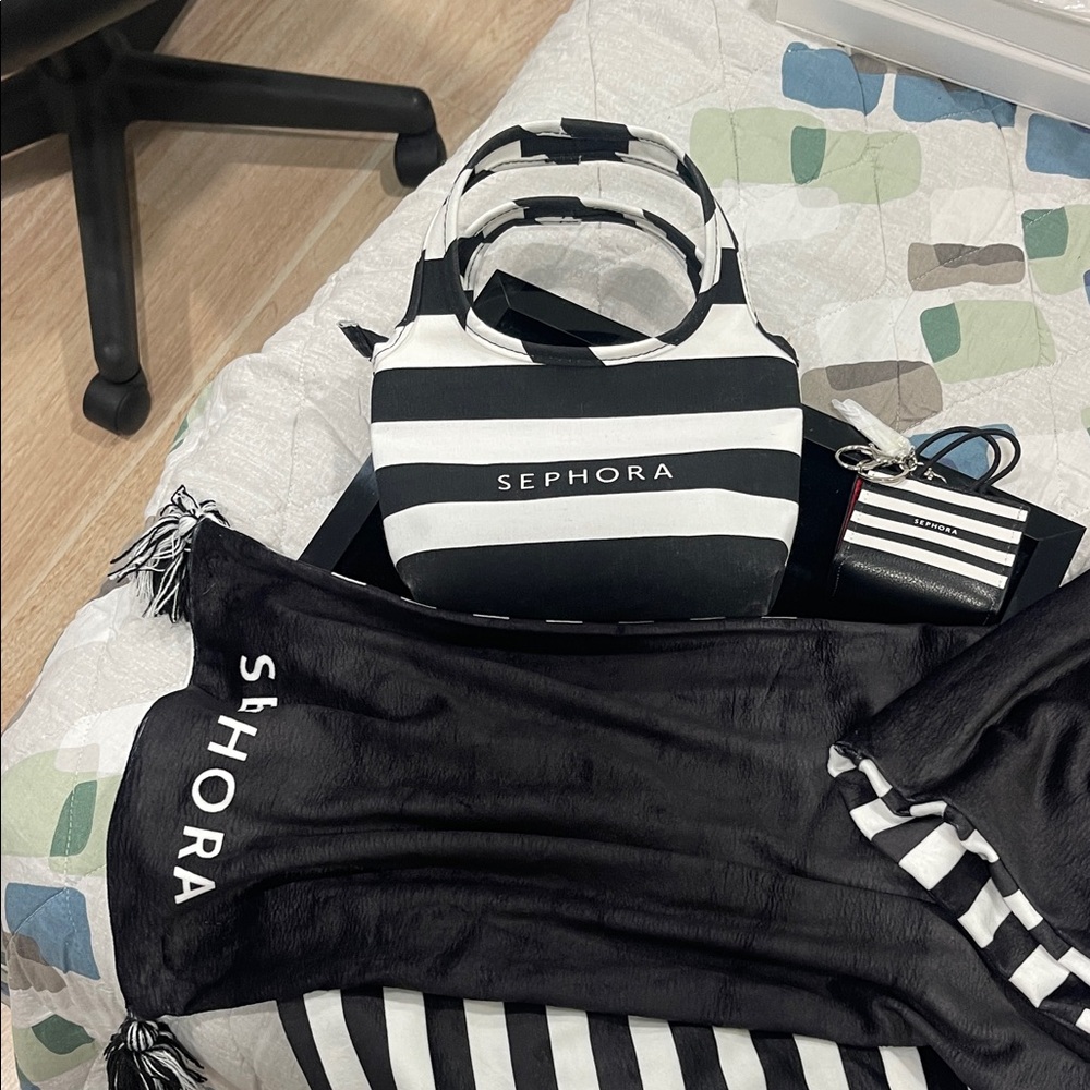 Sephora Bold Striped Cosmetic Bag, Bag Charm and Scarf